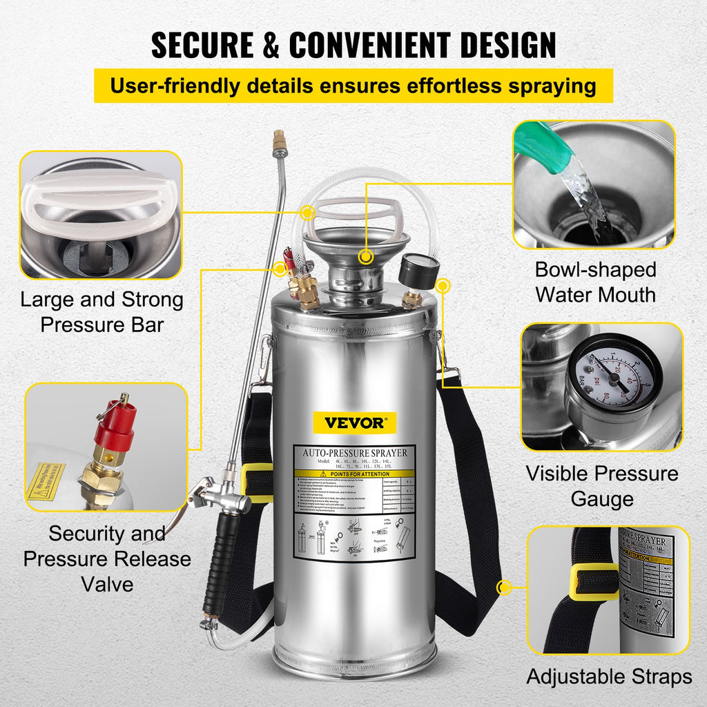 VEVOR 2Gal Stainless Steel Sprayer, Set with 20\" Wand& Handle& 3FT Reinforced Hose, Hand Pump Sprayer with Pressure Gauge&Safety Valve, Adjustable Nozzle Suitable for Gardening and Sanitizing