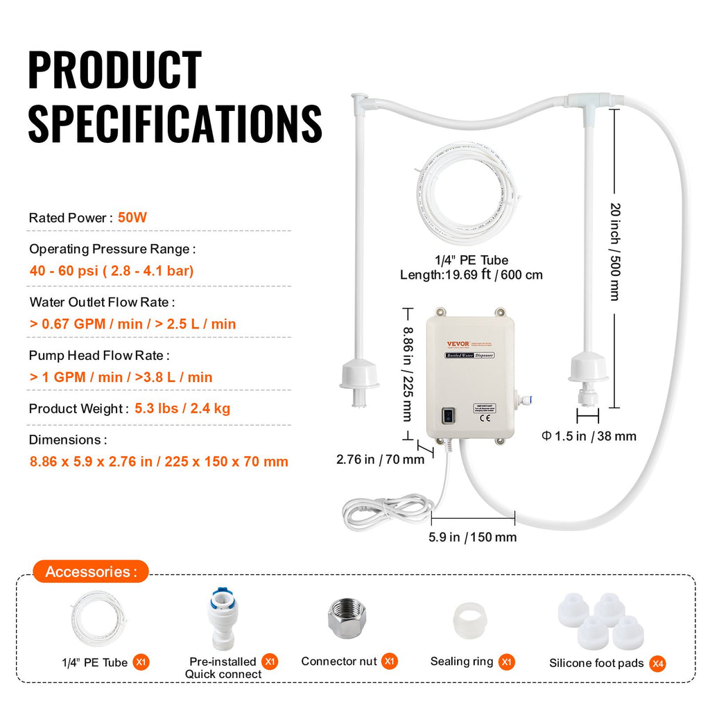 VEVOR Bottled Water Dispenser Pump System, 2x5 Gallon Dispensing System, Automatic Electric Water Dispenser, Double-Pipe Water Jug Pump, Compatible Use with Coffee/Tea Machine, Refrigerator, Ice Maker