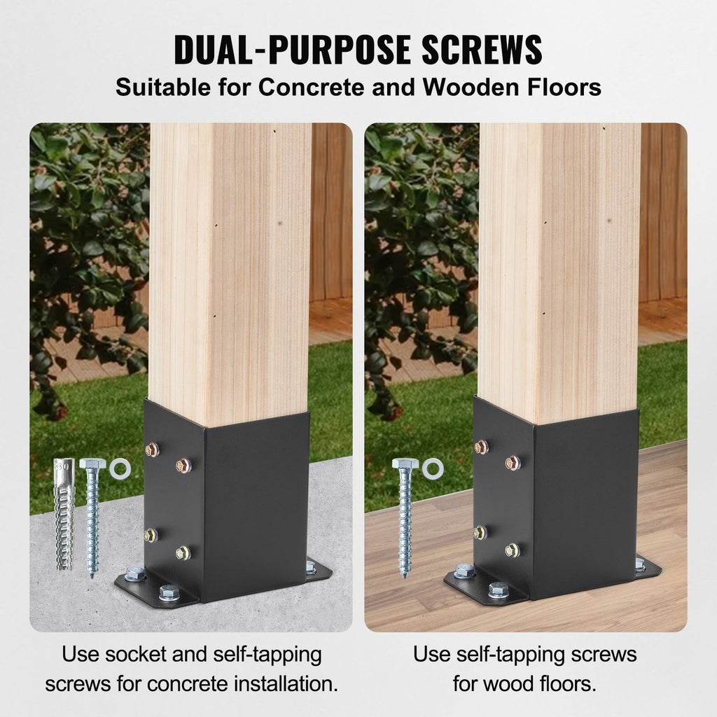 VEVOR 101.6x101.6mm Post Base 4 Pcs, Inner Size 91x91 Post Base Brackets, Heavy Duty Powder-Coated Post Anchor Matte Black Wood Post Brackets for Pavilion Deck Railing Support Deck Base Plate