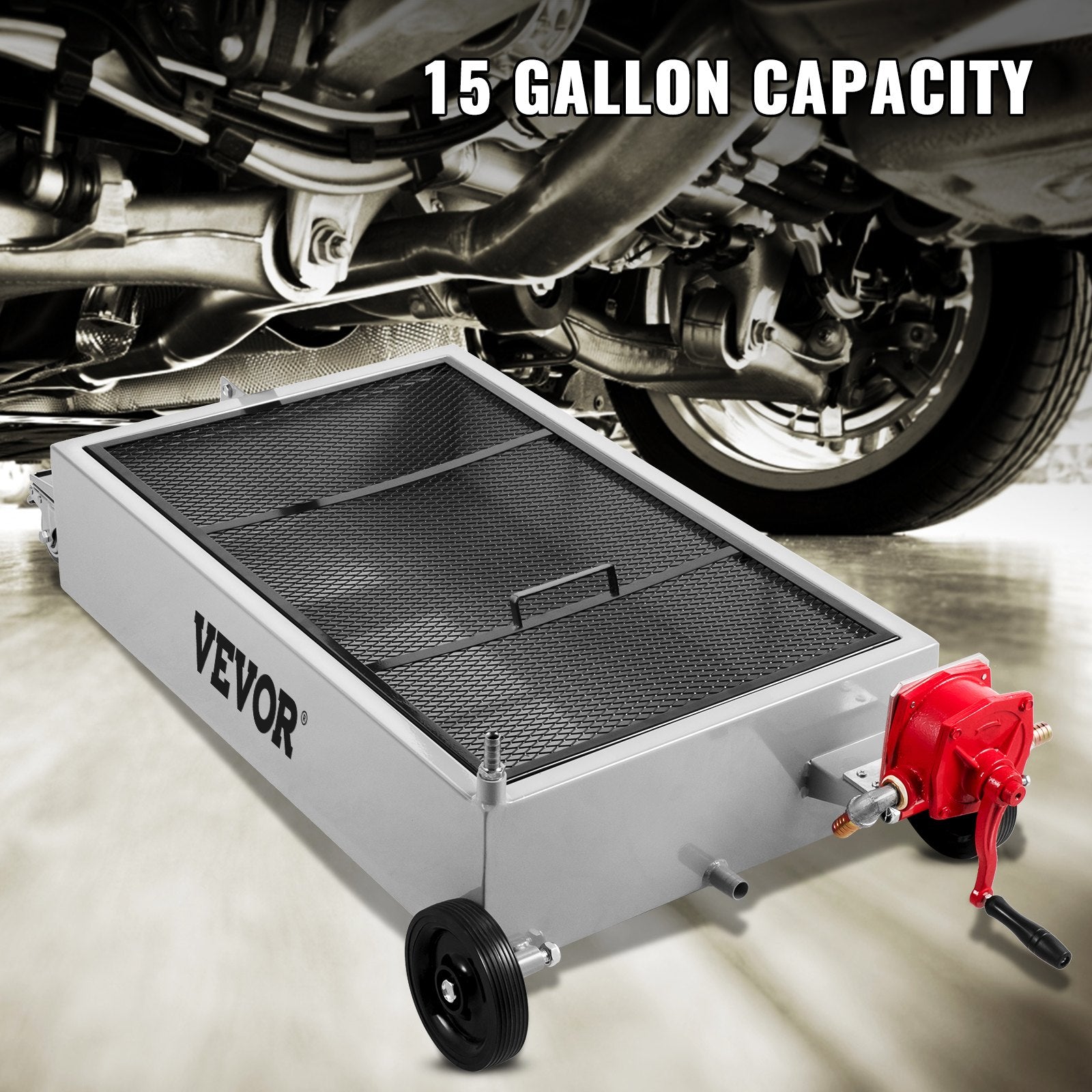 VEVOR Low Profile Oil Drain Pan Truck Drain Pan 57 L with Pump Hose Casters