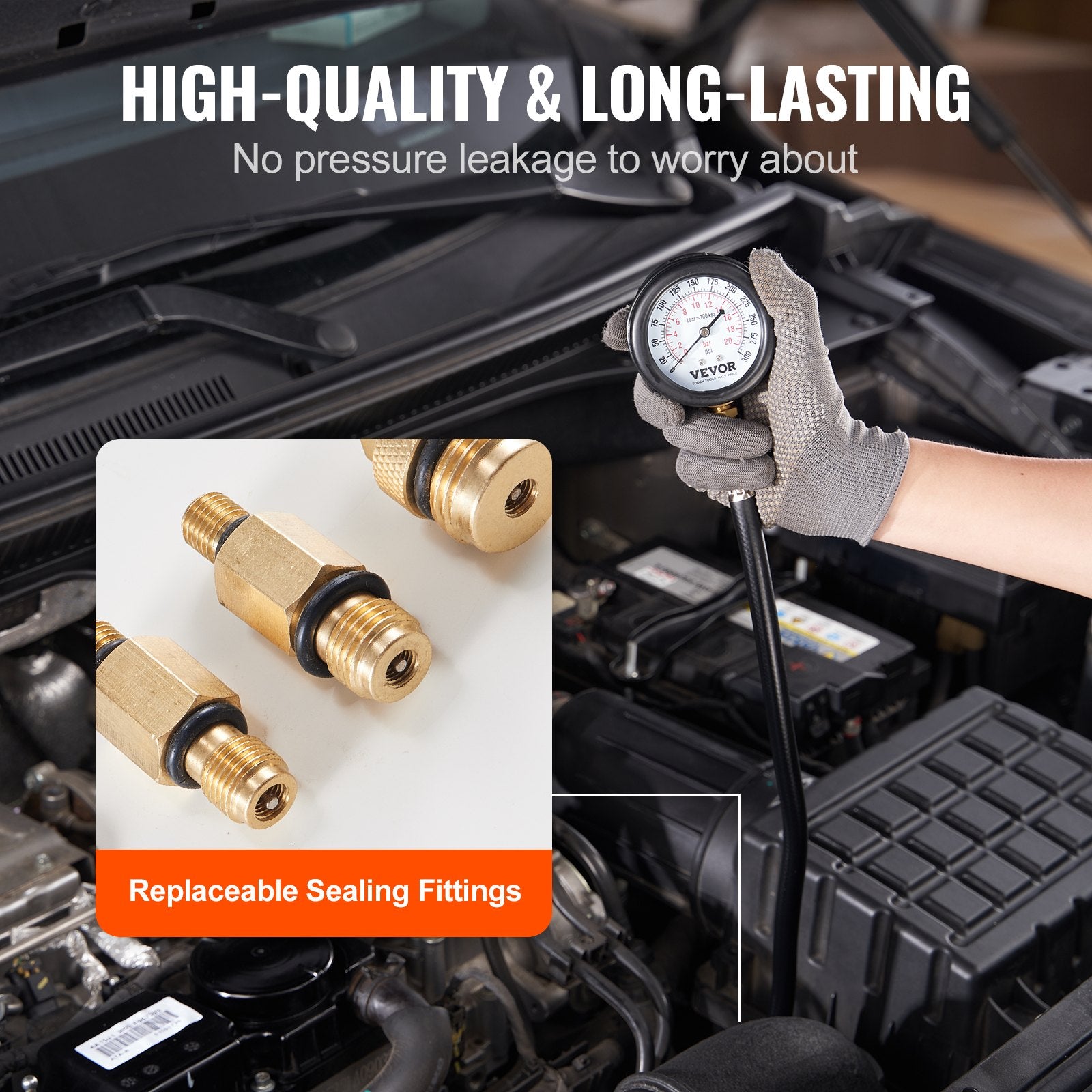VEVOR Compression Tester Adapter Kit, 9 Pcs Automotive Engine Cylinder Leak Down Compression Test, Accurate Dual Scale Pressure Gauge 0-300 psi, with Long Reach Hoses and Case for Engine Cylinders
