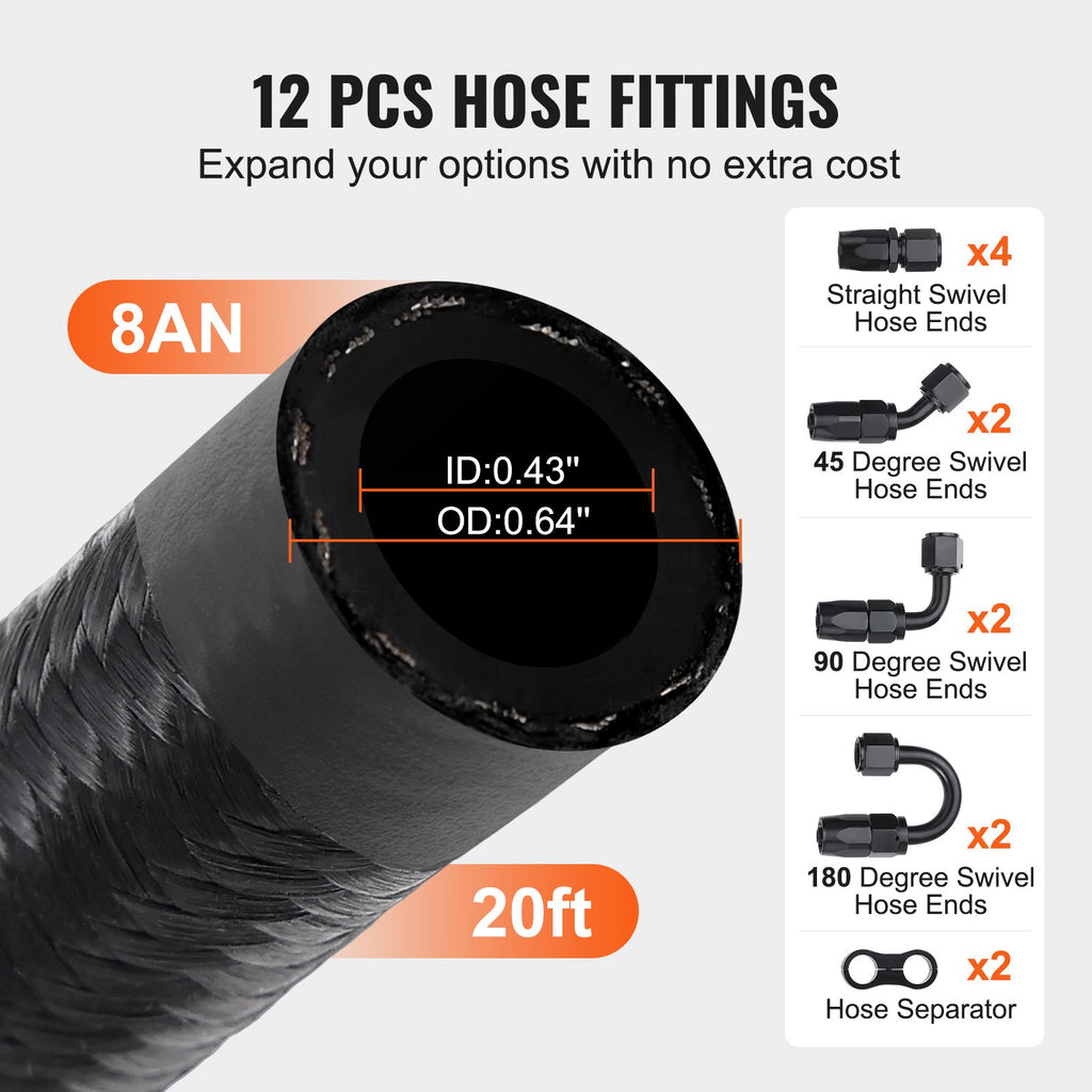 VEVOR 8AN Fuel Line Kit, 6.1 m Fuel Hose Kit, 1.0 cm Nylon Stainless Steel Braided Fuel Line Oil/Gas/Diesel Hose End Fitting Kit, with 12 PCS Swivel Fitting Adapter Kit, Black