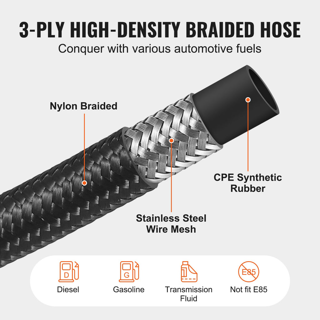 VEVOR 10AN Fuel Line Kit, 3.05 m Fuel Hose Kit, 1.4 cm Nylon Stainless Steel Braided Fuel Line Oil/Gas/Diesel Hose End Fitting Kit, with 7 PCS Swivel Fitting Adapter Kit, Black