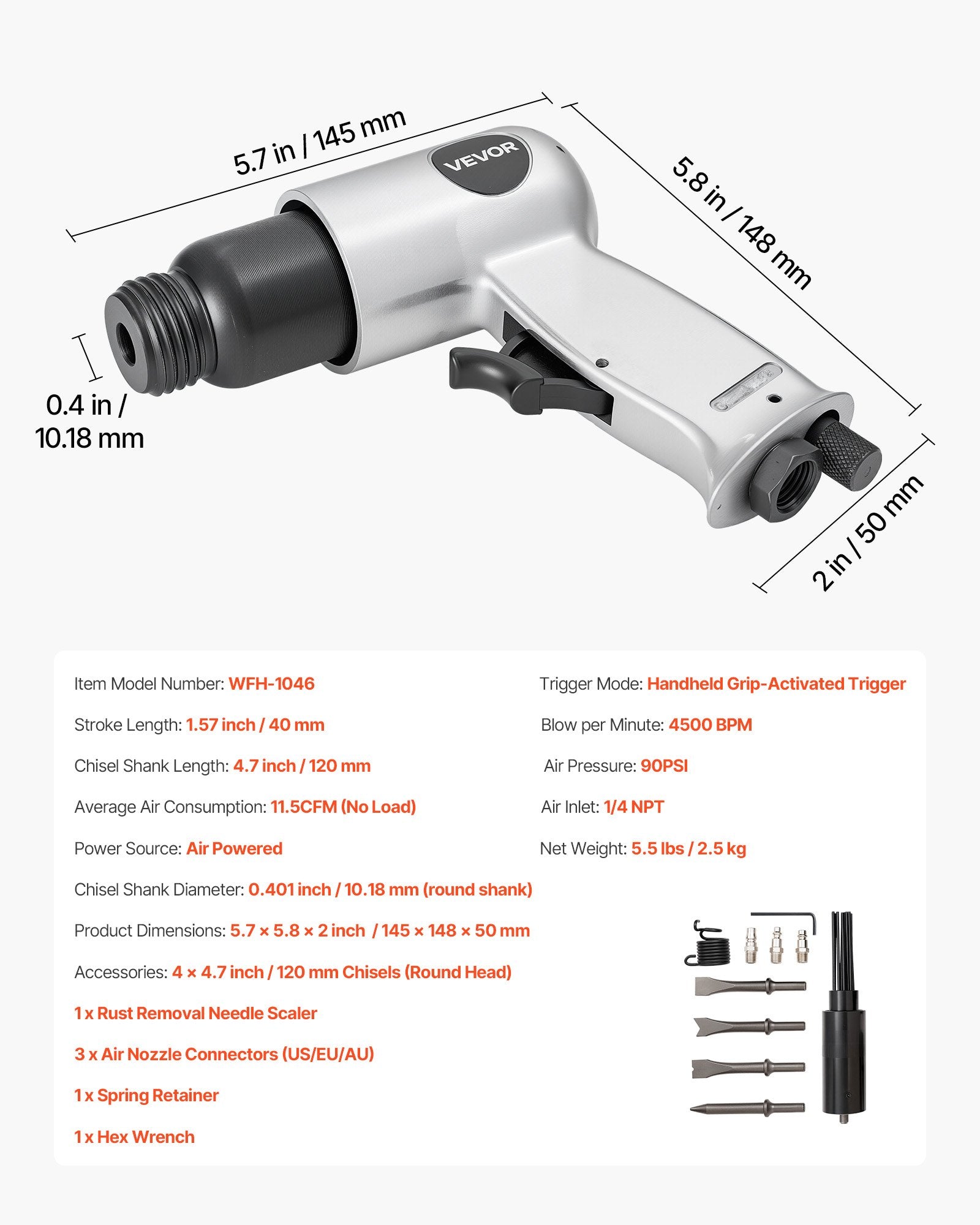 VEVOR Air Hammer, 4500BPM Pneumatic Hammer with Rust Removal Air Needle Scaler & 4PCS Chisels Round Shank, Lightweight & Compact Air Chisel Pneumatic Shovel Tool for Cutting Scraping Demolishing