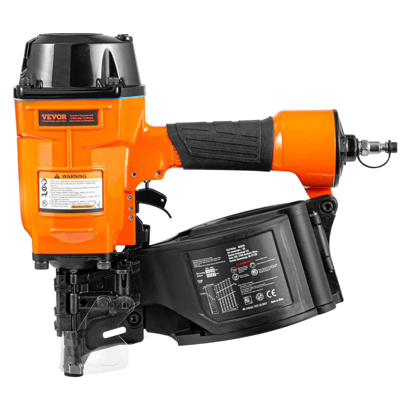 VEVOR MCN70 Coil Siding Nailer 45mm to 70mm 15 Degree Pneumatic Nail Gun