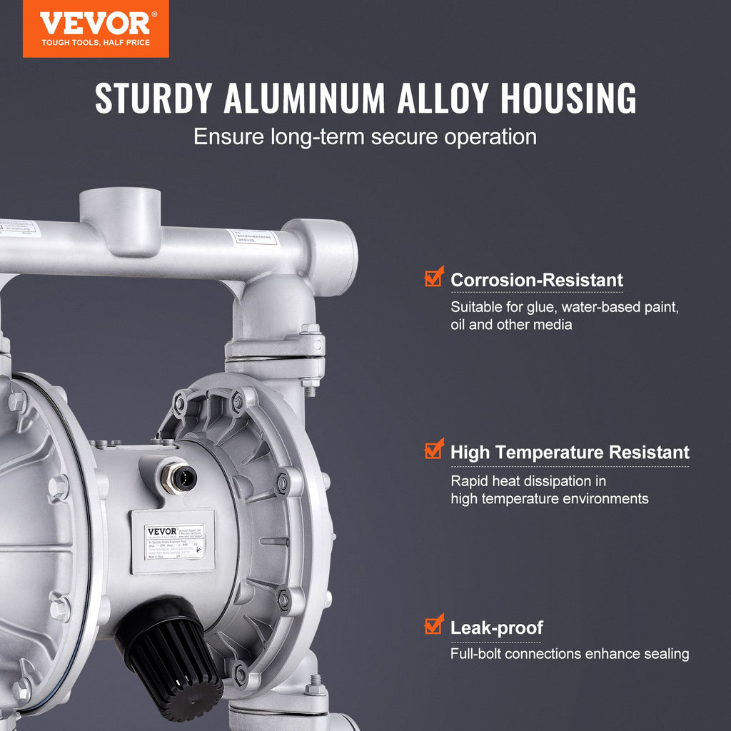 VEVOR Air Operated Double Diaphragm Pump, 44GPM, Max 115PSI Air Waste Oil Pneumatic Transfer Pump with 2 Extra Diaphragms, 3.8cm Inlet & Outlet Aluminum Alloy Diaphragm Pump for Diesel Grease Oil