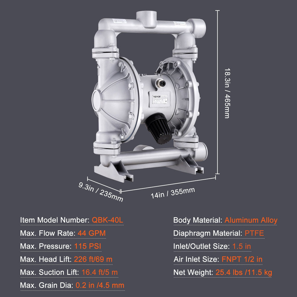 VEVOR Air Operated Double Diaphragm Pump, 44GPM, Max 115PSI Air Waste Oil Pneumatic Transfer Pump with 2 Extra Diaphragms, 3.8cm Inlet & Outlet Aluminum Alloy Diaphragm Pump for Diesel Grease Oil