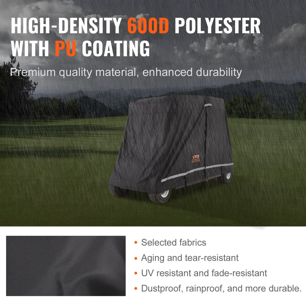 VEVOR 4 Passenger Golf Cart Cover, 600D Polyester Full Cover, Universal Fits for Most Brand Club Car Covers, Waterproof, Sunproof, and Dustproof Outdoor Golf Cart Cover with Three Zipper Doors, Black