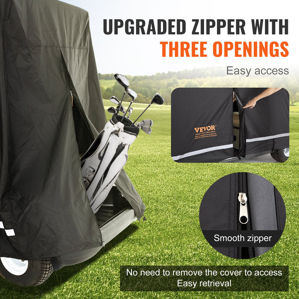 VEVOR 4 Passenger Golf Cart Cover, 600D Polyester Full Cover, Universal Fits for Most Brand Club Car Covers, Waterproof, Sunproof, and Dustproof Outdoor Golf Cart Cover with Three Zipper Doors, Black
