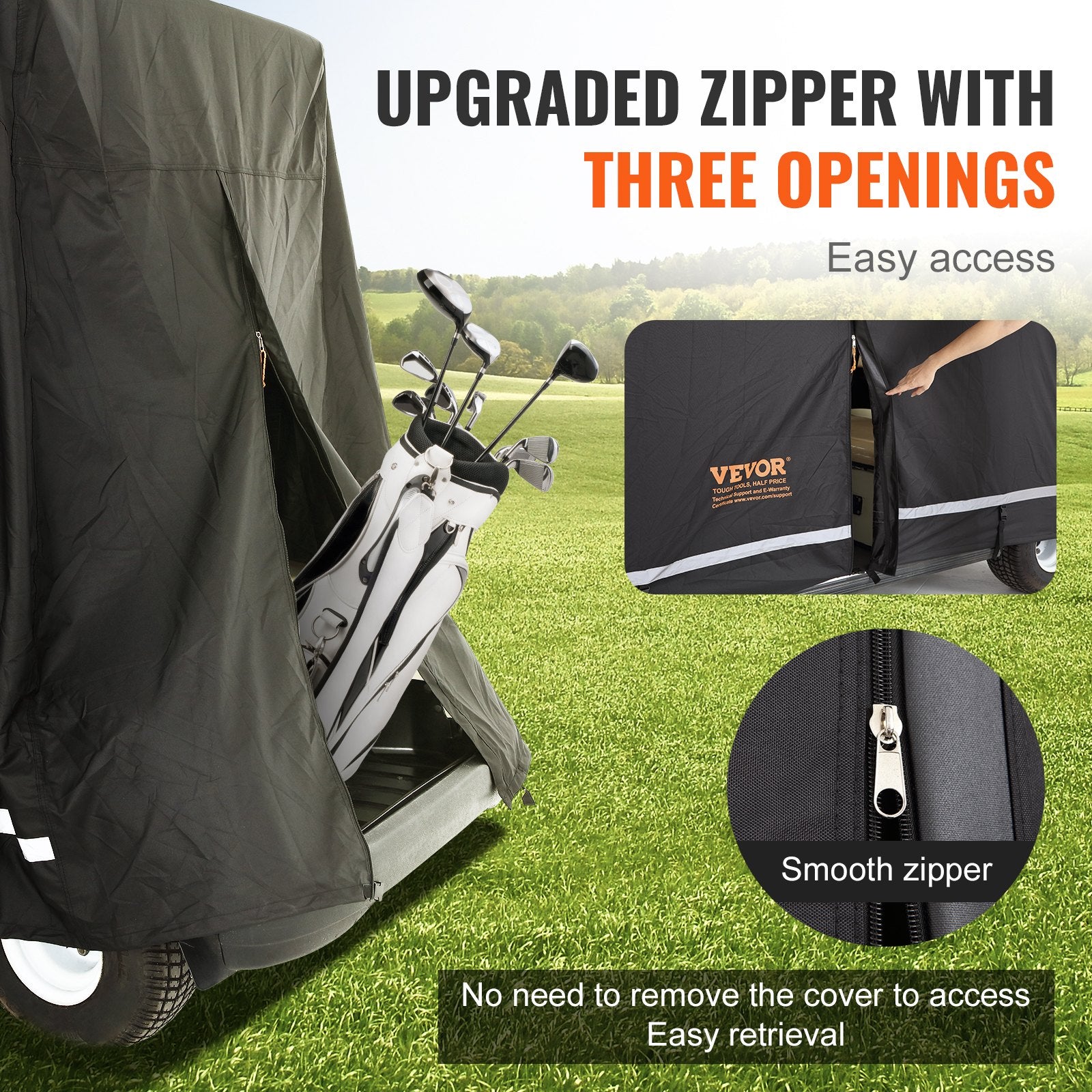VEVOR 4 Passenger Golf Cart Cover, 600D Polyester Full Cover, Universal Fits for Most Brand Club Car Covers, Waterproof, Sunproof, and Dustproof Outdoor Golf Cart Cover with Three Zipper Doors, Black