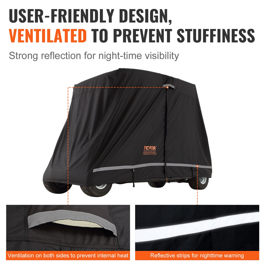 VEVOR 4 Passenger Golf Cart Cover, 600D Polyester Full Cover, Universal Fits for Most Brand Club Car Covers, Waterproof, Sunproof, and Dustproof Outdoor Golf Cart Cover with Three Zipper Doors, Black