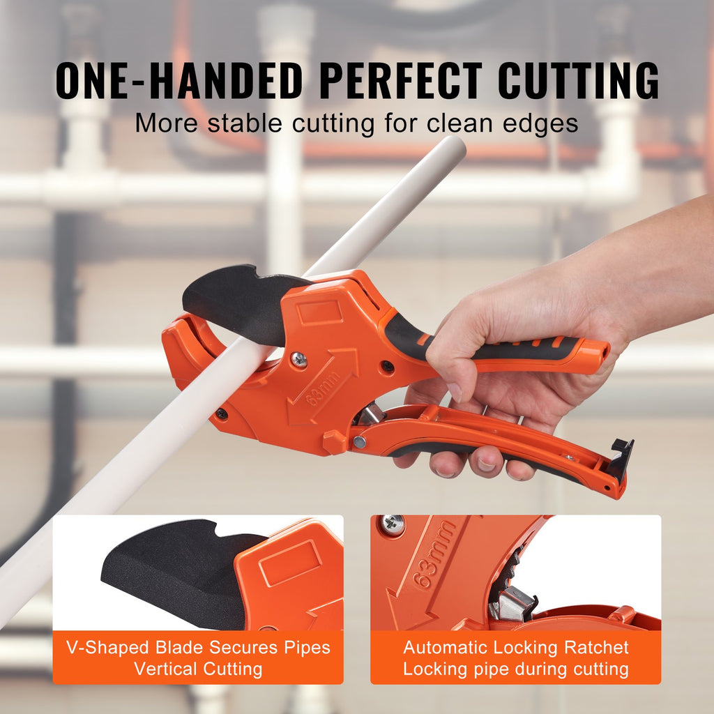 VEVOR PVC Pipe Cutter, 0-2-1/2" O.D. Ratcheting PVC Pipe Cutter, Heavy Duty Tube Cutting Tool with Spare SK5 Blade for PVC, CPVC, PP-R, PEX, PE, Rubber Hoses