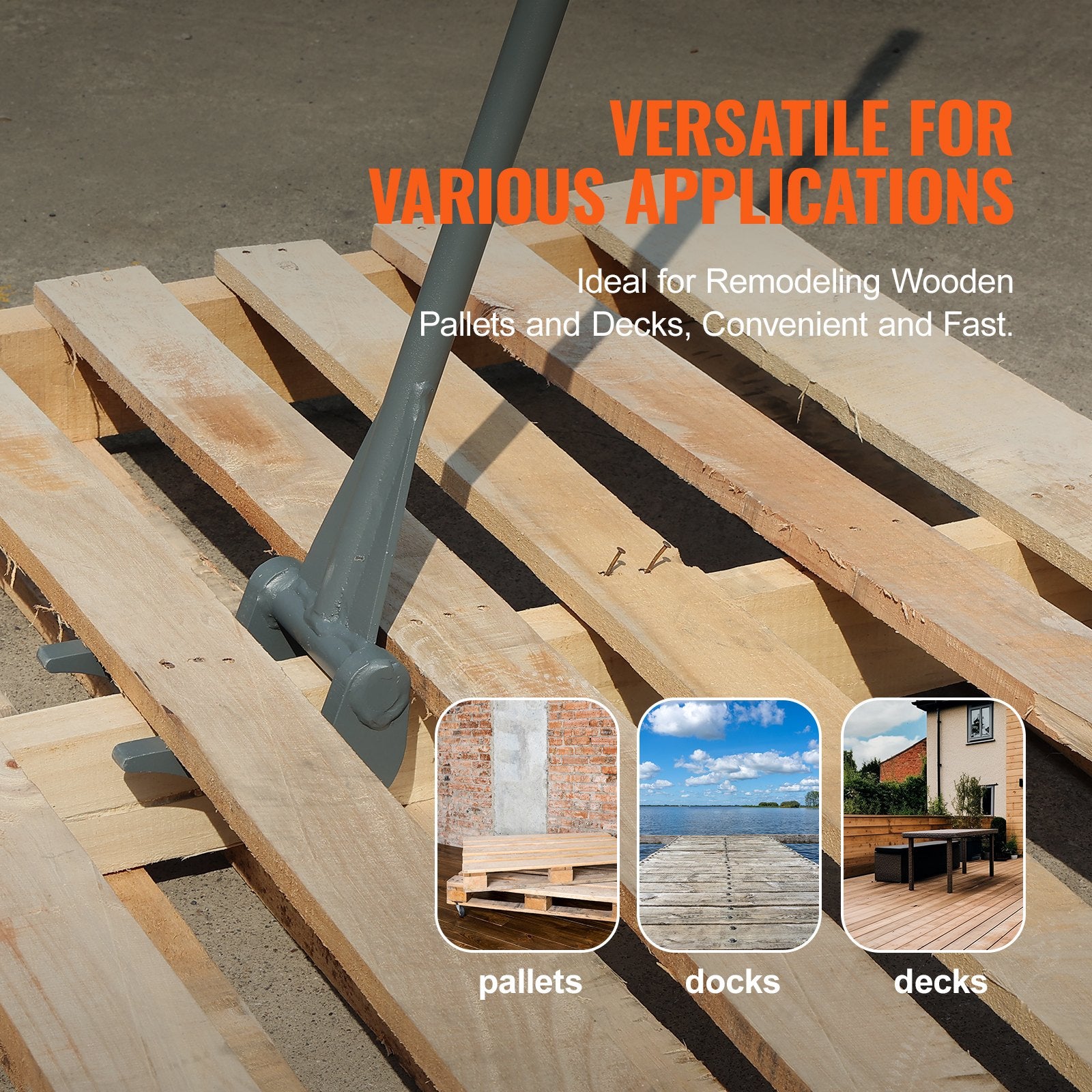 VEVOR Pallet Buster, 50'' Carbon Steel Handle Wrecking Pry Bar, 2000 lbs Weight Capacity, Heavy Duty Deck Board Removal Tool, Multipurpose Demolition Bar for Flooring, Framing, Roofing, Trim, Drywall