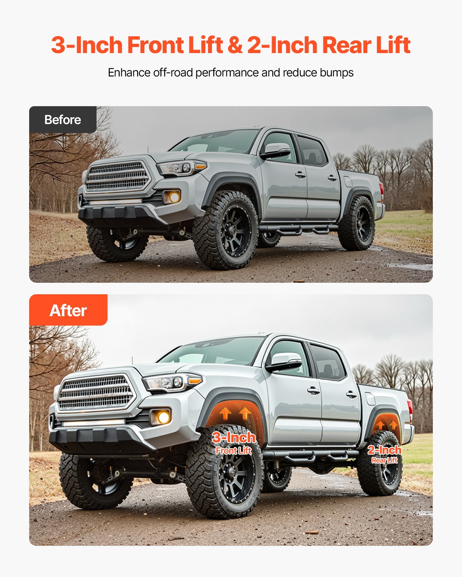 VEVOR 76.2 mm Front and 50.8 mm Rear Leveling Lift Kit for 2007-2023 Silverado 1500 2WD/4WD, 2007-2023 Sierra 1500 2WD/4WD, Chassis Level Kit with 2 Front Strut Spacers, 2 Rear Lift Blocks, 2 U-Bolts