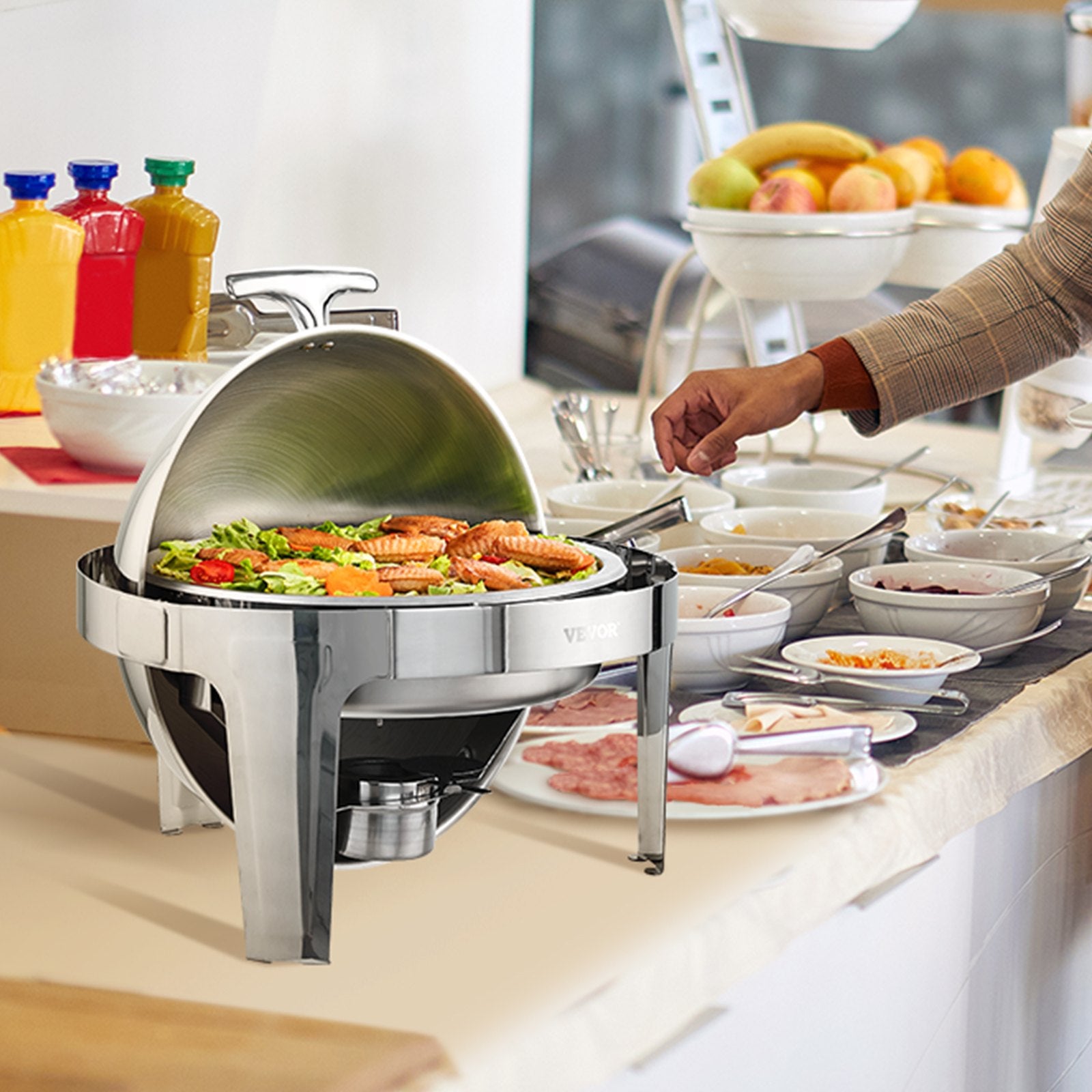 VEVOR Roll Top Chafing Dish Buffet Set, 5.5L 2 Pack, Stainless Steel Chafer with 2 Full Size Pans, Round Catering Warmer Server with Lid Water Pan Stand Fuel Holder, for at Least 5 People Each