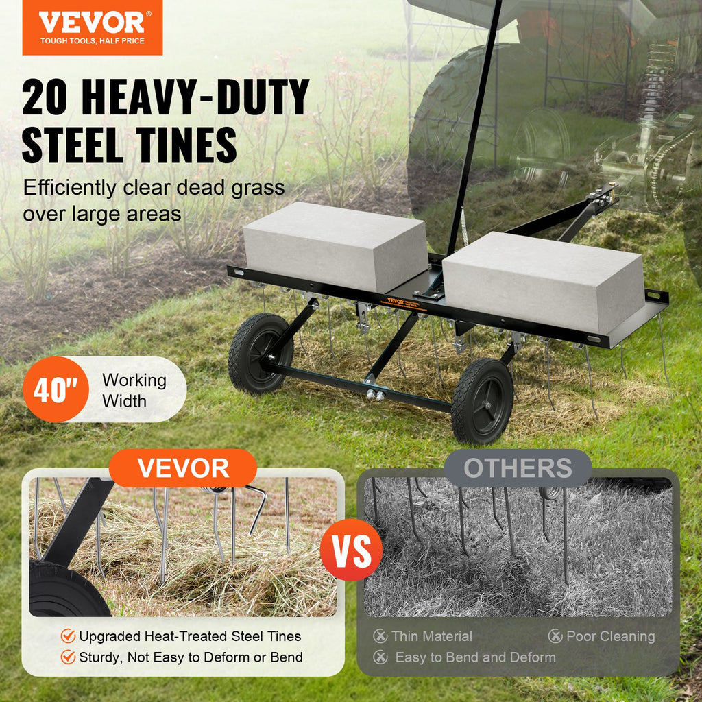 VEVOR Tow Behind Dethatcher, 1015mm Tow Dethatcher with 20 Spring Steel Tines, Lawn Dethatcher Rake for ATV or Mower, Tow Behind Lawn Rake with Lift Handle for Garden Farm Grass