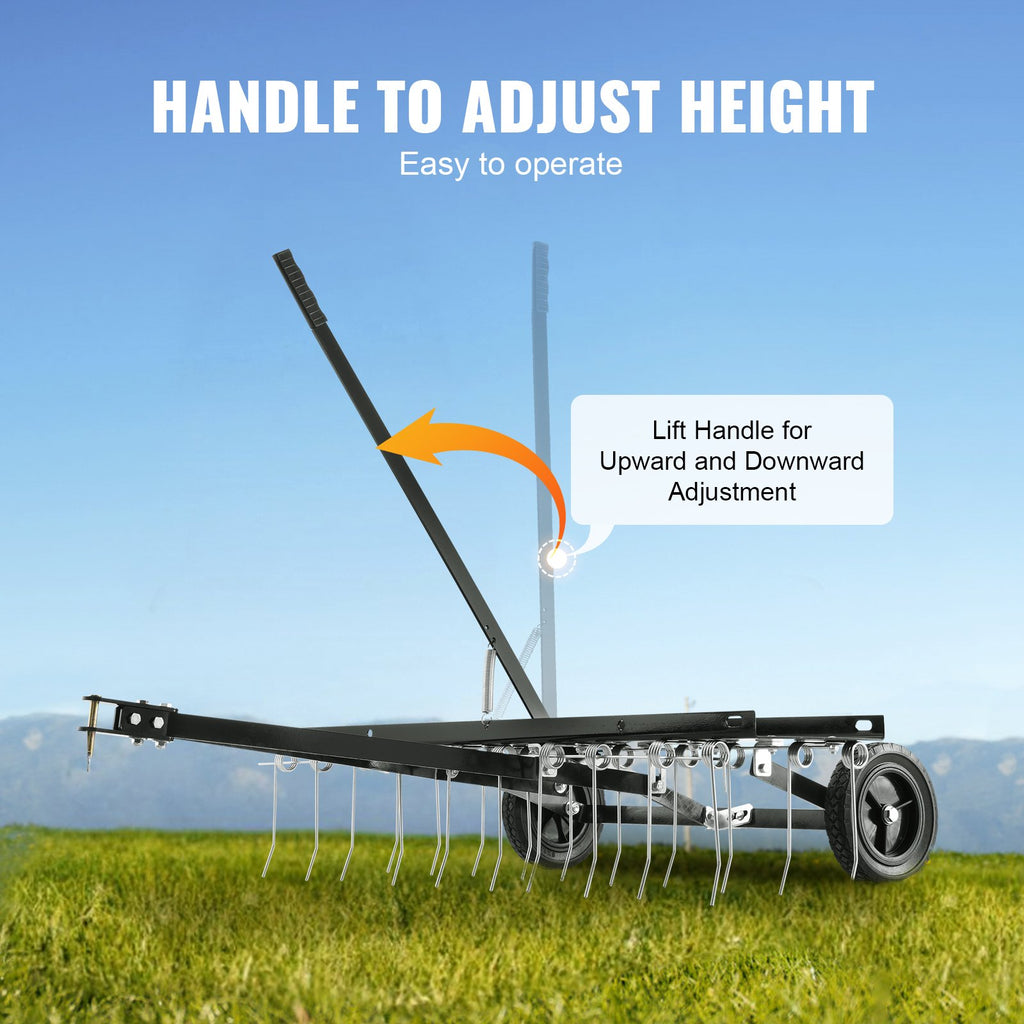 VEVOR Tow Behind Dethatcher, 1015mm Tow Dethatcher with 20 Spring Steel Tines, Lawn Dethatcher Rake for ATV or Mower, Tow Behind Lawn Rake with Lift Handle for Garden Farm Grass