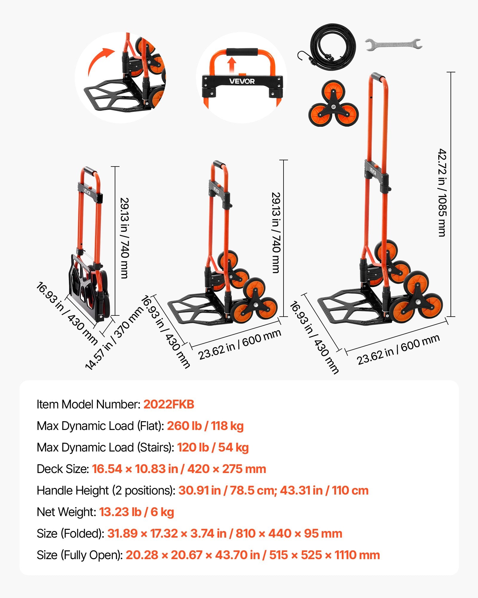 VEVOR Stair Climbing Cart, 54 kg Stair-Climbing Capacity, Portable Folding Trolley Cart with Telescoping Handle, 6 Wheels and 2 Bungee Cords, Stair Climber Dolly for Home, Groceries, Warehouse