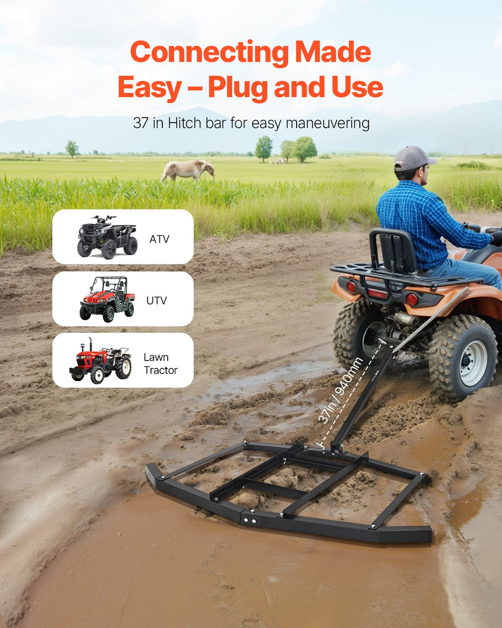 VEVOR Drag Harrow, 66" Width Tow Behind Drag Harrow, Q235 Steel Driveway Grader with Adjustable Bars & Pin Hitch, Support up to 50 lbs, Tractor Driveway Harrow for ATVs, UTVs, Garden Lawn Tractors