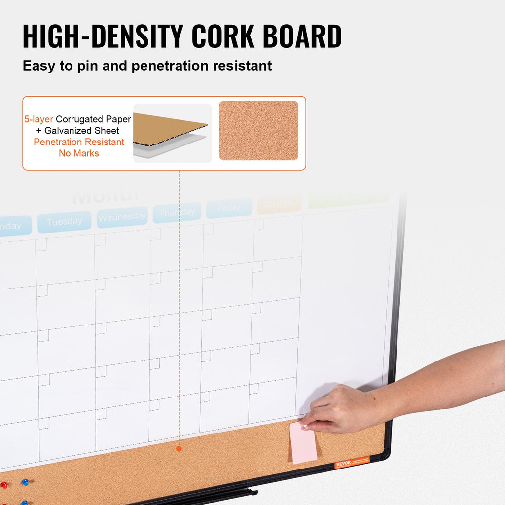 VEVOR 36"x 24" Monthly Calendar Whiteboard & Cork Board Combo with Aluminum Frame – 2-in-1 Magnetic Dry Erase Bulletin Board for Wall Mount – Ideal for School, Home, Office