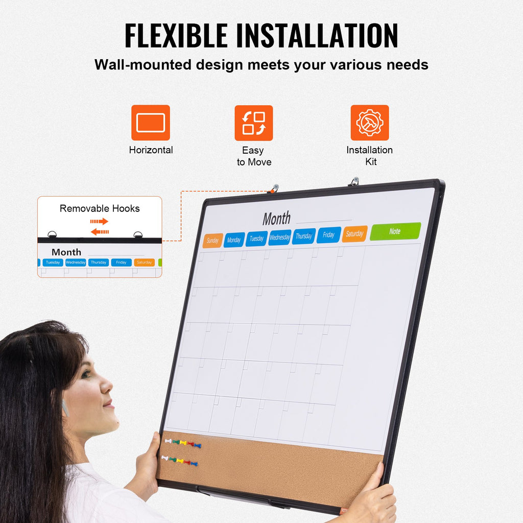VEVOR 36"x 24" Monthly Calendar Whiteboard & Cork Board Combo with Aluminum Frame – 2-in-1 Magnetic Dry Erase Bulletin Board for Wall Mount – Ideal for School, Home, Office