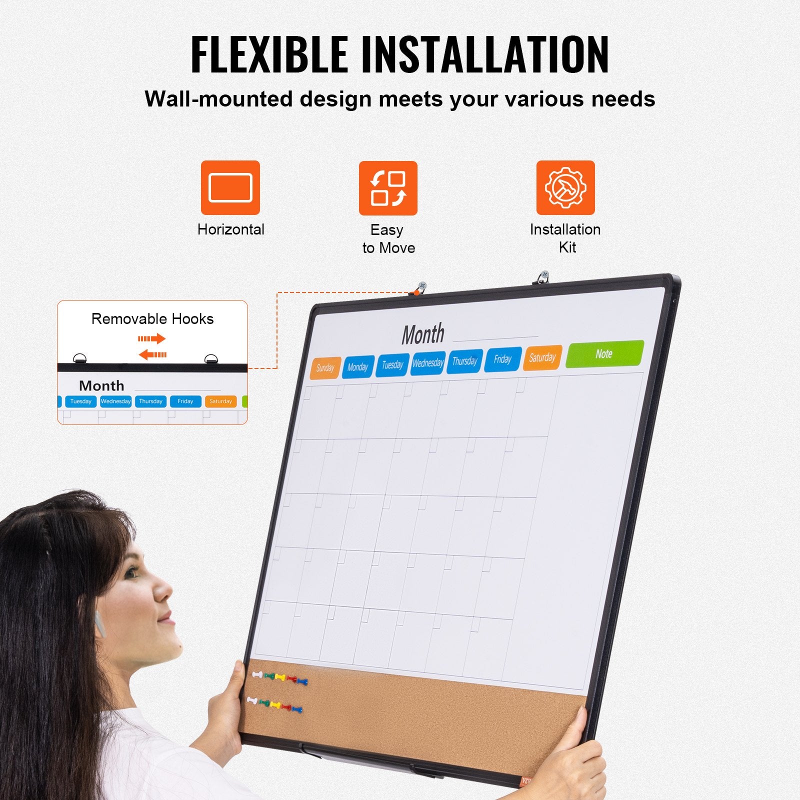 VEVOR 36"x 24" Monthly Calendar Whiteboard & Cork Board Combo with Aluminum Frame – 2-in-1 Magnetic Dry Erase Bulletin Board for Wall Mount – Ideal for School, Home, Office