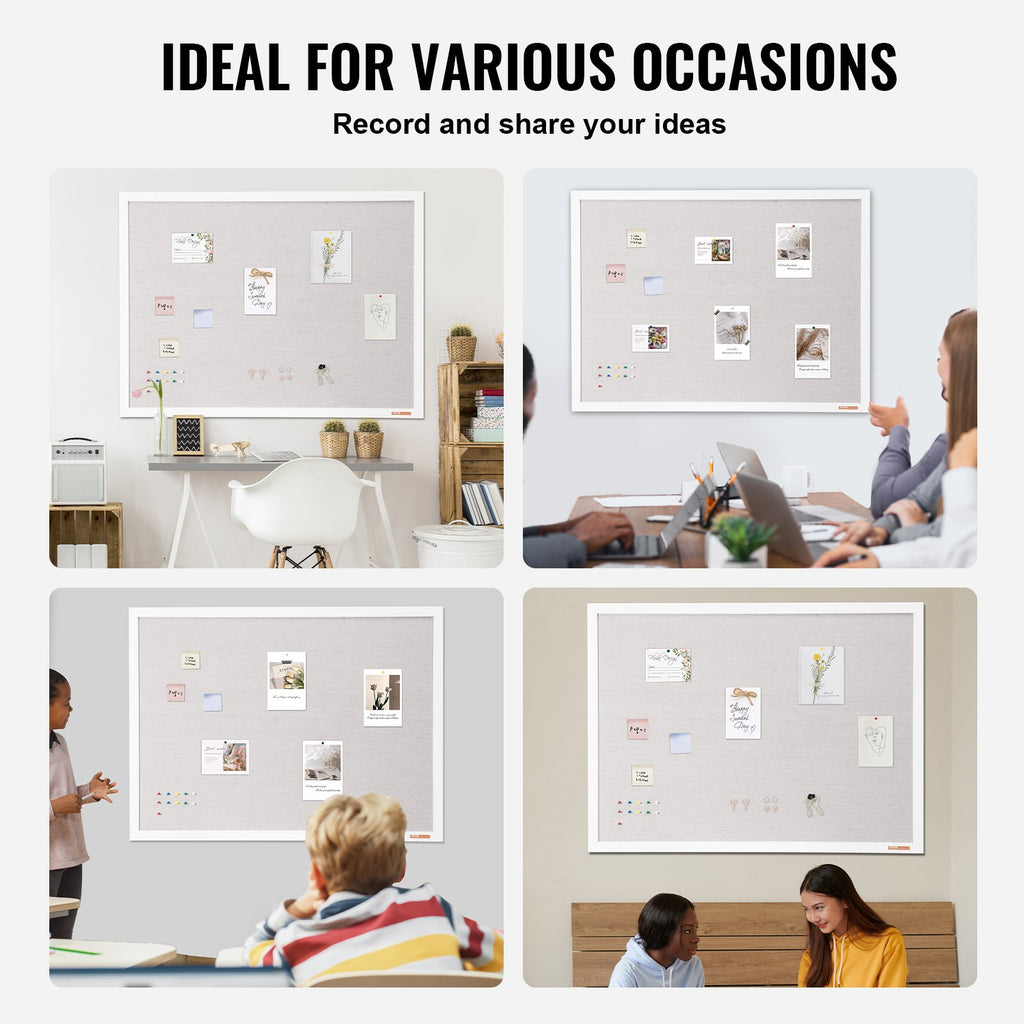 VEVOR 48"x36" White Cork Board with Linen Surface – Stylish Wall-Mounted Bulletin Board for Home, School, Office – Elegant & Functional Noticeboard