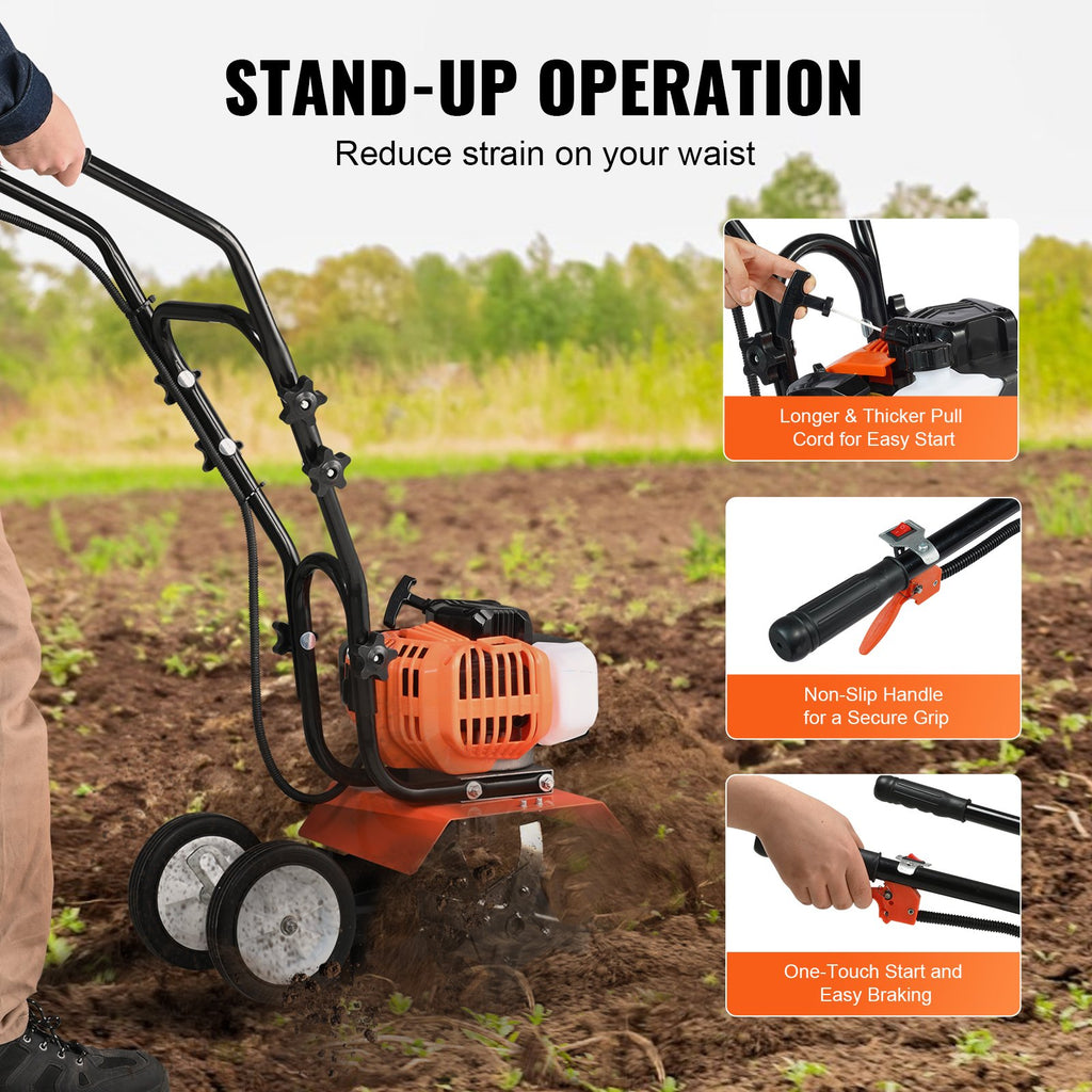 VEVOR Tiller Cultivator Gas Powered, 43CC 2-Stroke Garden Cultivator, Tiller with 4 Steel Adjustable Front Tines for Lawn, Garden and Field Soil Cultivation