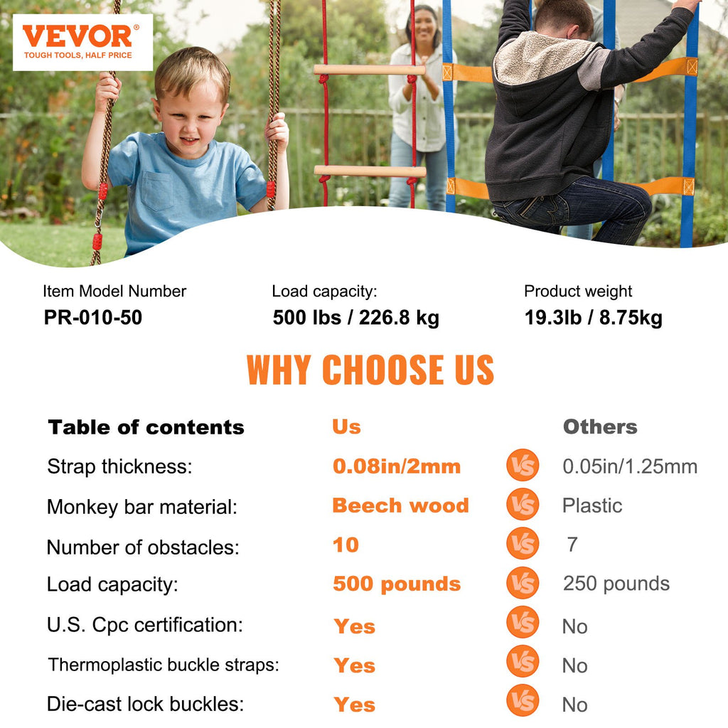 VEVOR Ninja Warrior Obstacle Course for Kids, 15.24 m Weatherproof Slacklines, 500lbs Weight Capacity Monkey Line, Outdoor Playset Equipment, Backyard Toys Training Equipment Set with 10 Obstacles