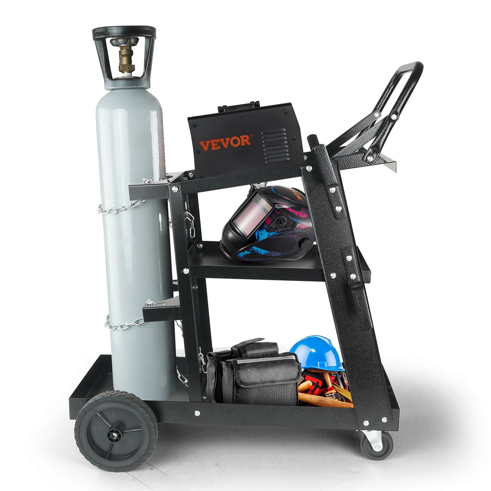 VEVOR Welding Cart, 3-Tier Welder Cart Heavy Duty with 400 Lbs Weight Capacity, 360° Swivel Wheels, Tank Storage Safety Chains, Rolling MIG Welder Cart for TIG, ARC, MMA, Plasma Cutter Welding Machine