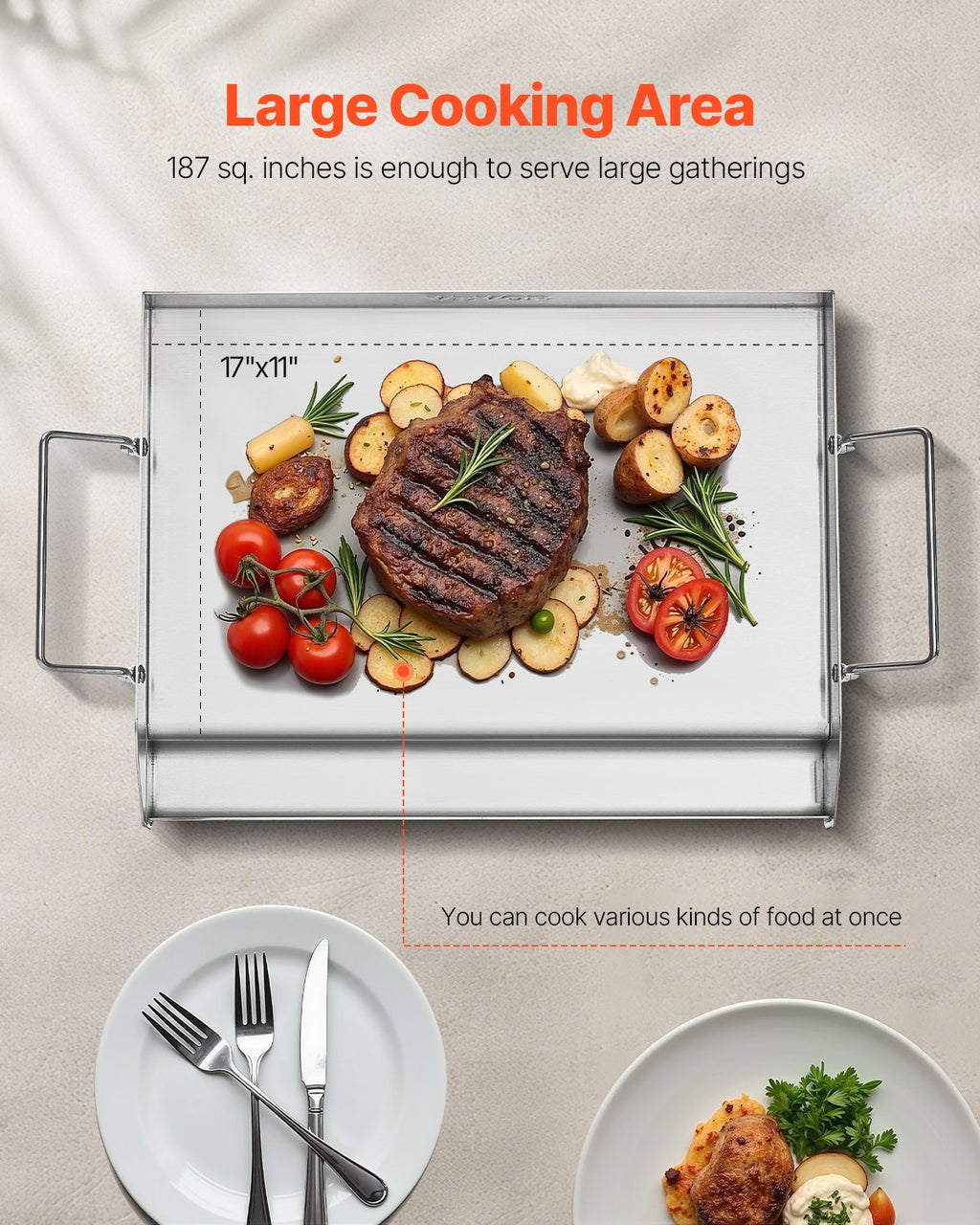 VEVOR Stainless Steel Griddle, 17x13 inch Universal Flat Top Rectangular Plate, Gas Grill Griddle for BBQ Grill, Teppanyaki, Portable Family Cookware with Handle, for Camping Tailgating Party