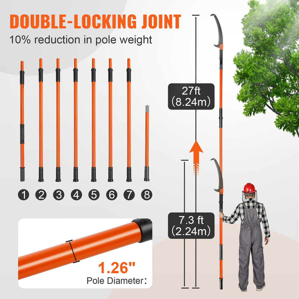 VEVOR Manual Pole Saw, 2.24 m-8.24 m Extendable Tree Pruner, Sharp Steel Blade High Branches Trimming, Manual Branch Trimmer with Lightweight 8 Fiberglass Handles, for Pruning Palms and Shrubs