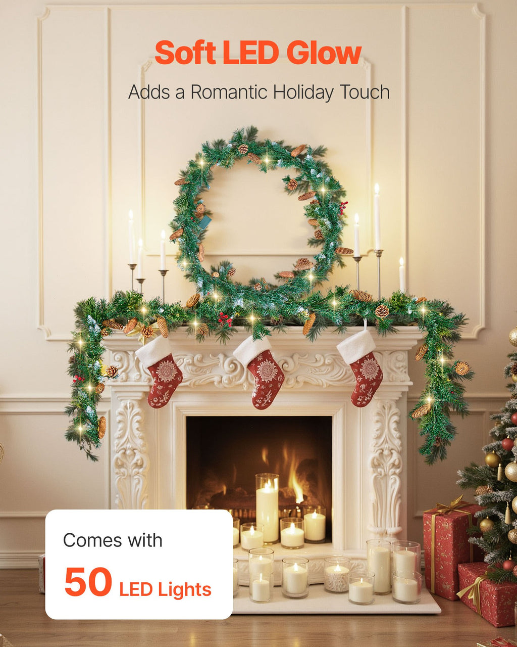 VEVOR Christmas Garland, 2750mm Artificial Christmas Garland with Light String, Faux Greenery Decoration with Berry Clusters, Pine Needles, Pine Cones, Realistic Xmas Collection for Mantel Fireplace