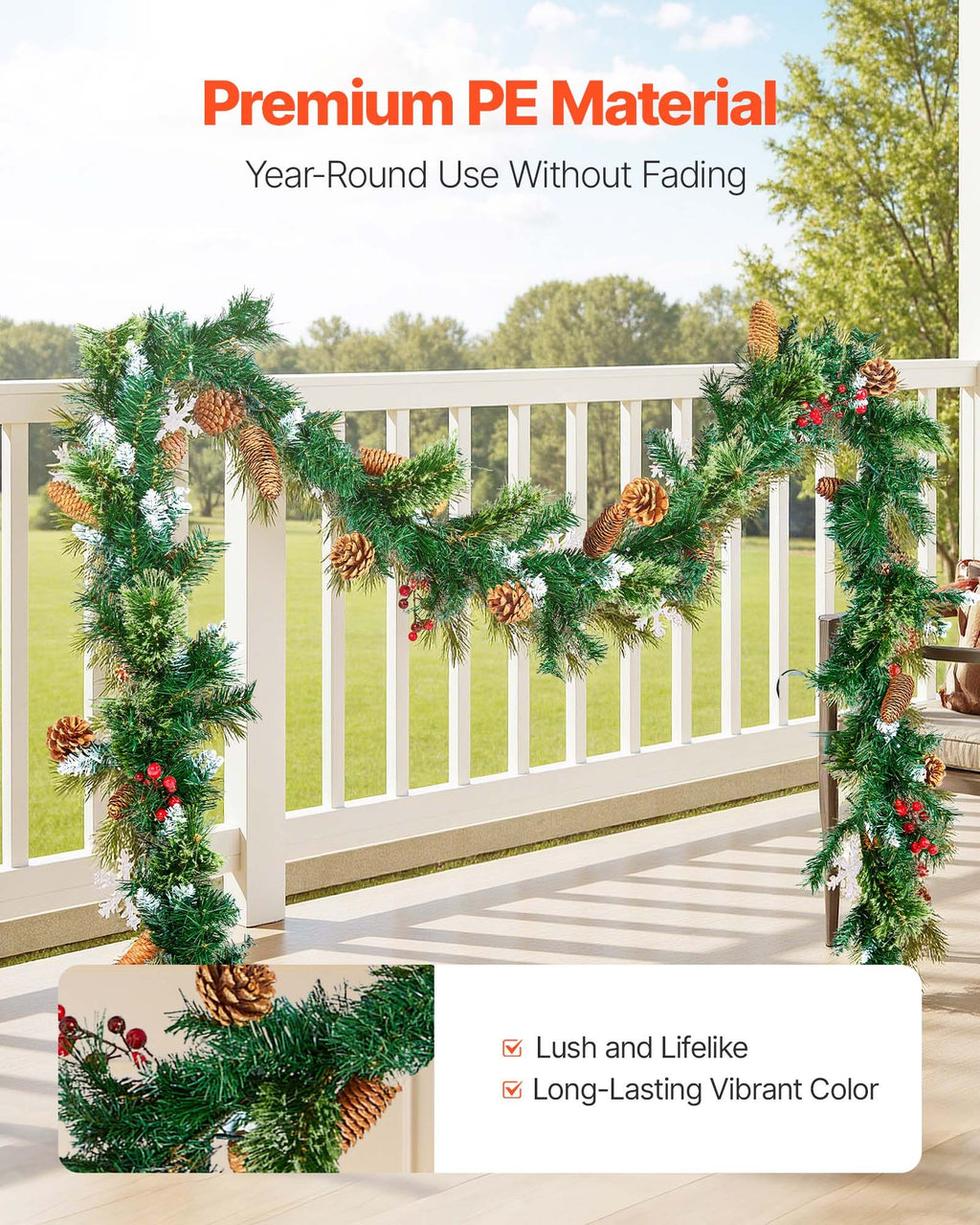 VEVOR Christmas Garland, 2750mm Artificial Christmas Garland with Light String, Faux Greenery Decoration with Berry Clusters, Pine Needles, Pine Cones, Realistic Xmas Collection for Mantel Fireplace