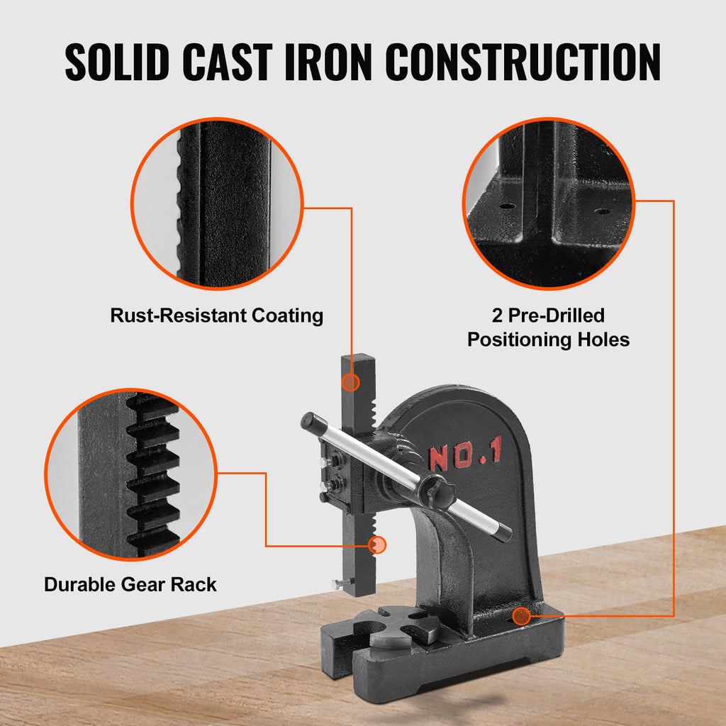 VEVOR Arbor Press, 1 Ton Manual Arbor Press, 5.9" Maximum Height, Cast Iron Heavy-duty Manual Desktop Arbor Press, Precision Hand Press for Stamping, Bending, Stretching, Forming