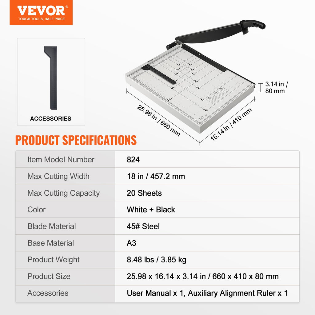 VEVOR Paper Cutter, Guillotine Trimmer, 457 mm Cut Length, 20 Sheets Capacity, Heavy Duty Guillotine Paper Cutter with Guard Rail/Blade Lock for Cardstock/Cardboard, Paper Trimmer for Home Office