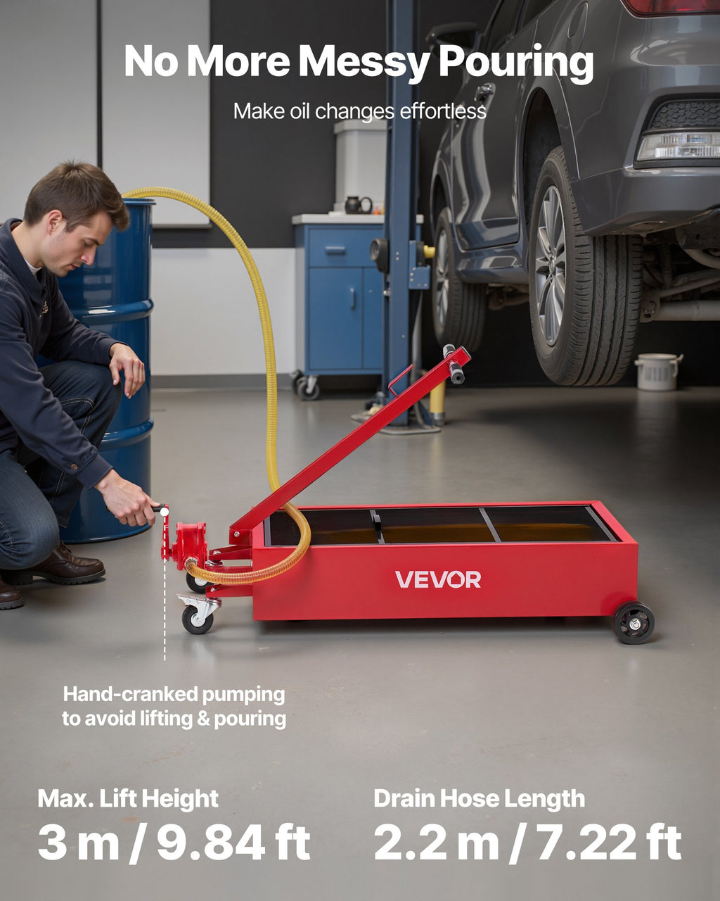 VEVOR Low Profile Oil Drain Pan, 75.7 L Capacity, Rolling Oil Drain Pan with Manual Pump, 2.2 m Hose & T Folding Handle, Leak-proof & Corrosion-resistant, Fit for Cars, SUVs, Trucks, ATVs, Red
