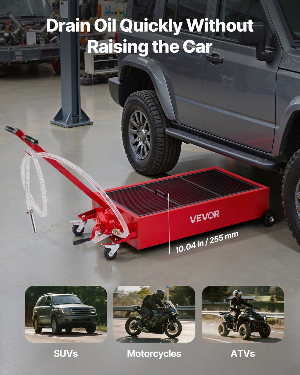 VEVOR Low Profile Oil Drain Pan, 75.7 L Capacity, Rolling Oil Drain Pan with Manual Pump, 2.2 m Hose & T Folding Handle, Leak-proof & Corrosion-resistant, Fit for Cars, SUVs, Trucks, ATVs, Red