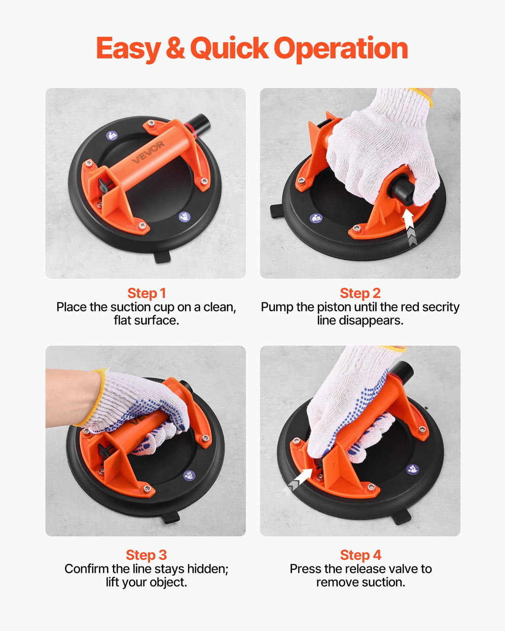 VEVOR Vacuum Suction Cup, 203 mm Vacuum Glass Lifter with ABS Handle, 180 kg Max Lifting Capacity Tile Suction Cup Tool with Carrying Case for Lifting Large Tile, Granite, Drywall, Windows (2-Pack)