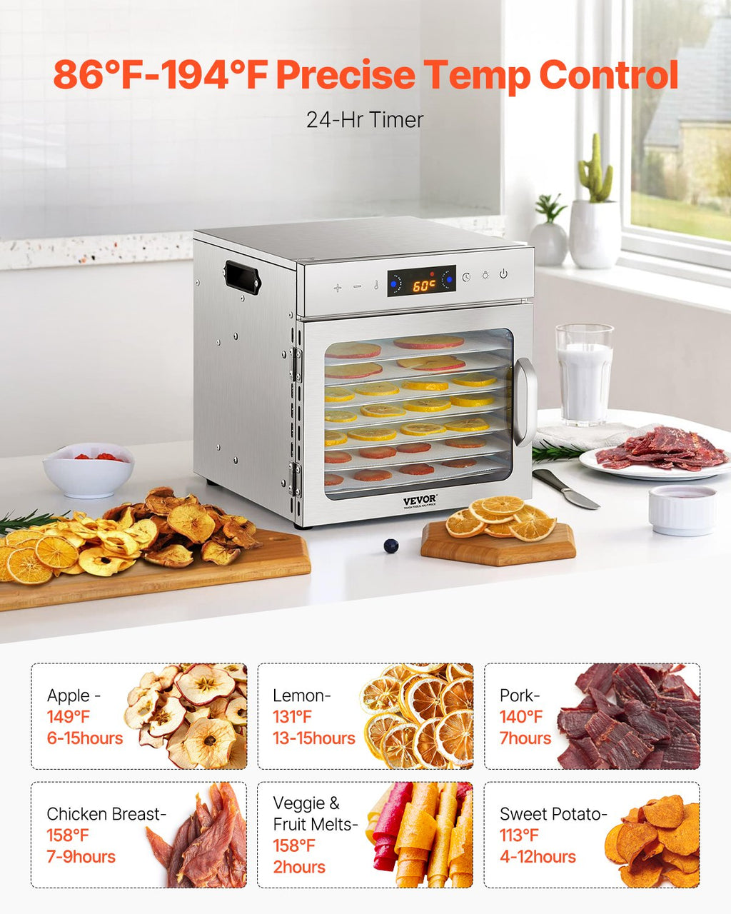 VEVOR Food Dehydrator Machine, 8 Stainless Steel Trays, 400W Electric Food Dryer with Adjustable Temperature & 24-Hour Timer, Freeze Dryer for Jerky, Meat, Fruit, Vegetables, Herbs, Dog Treats