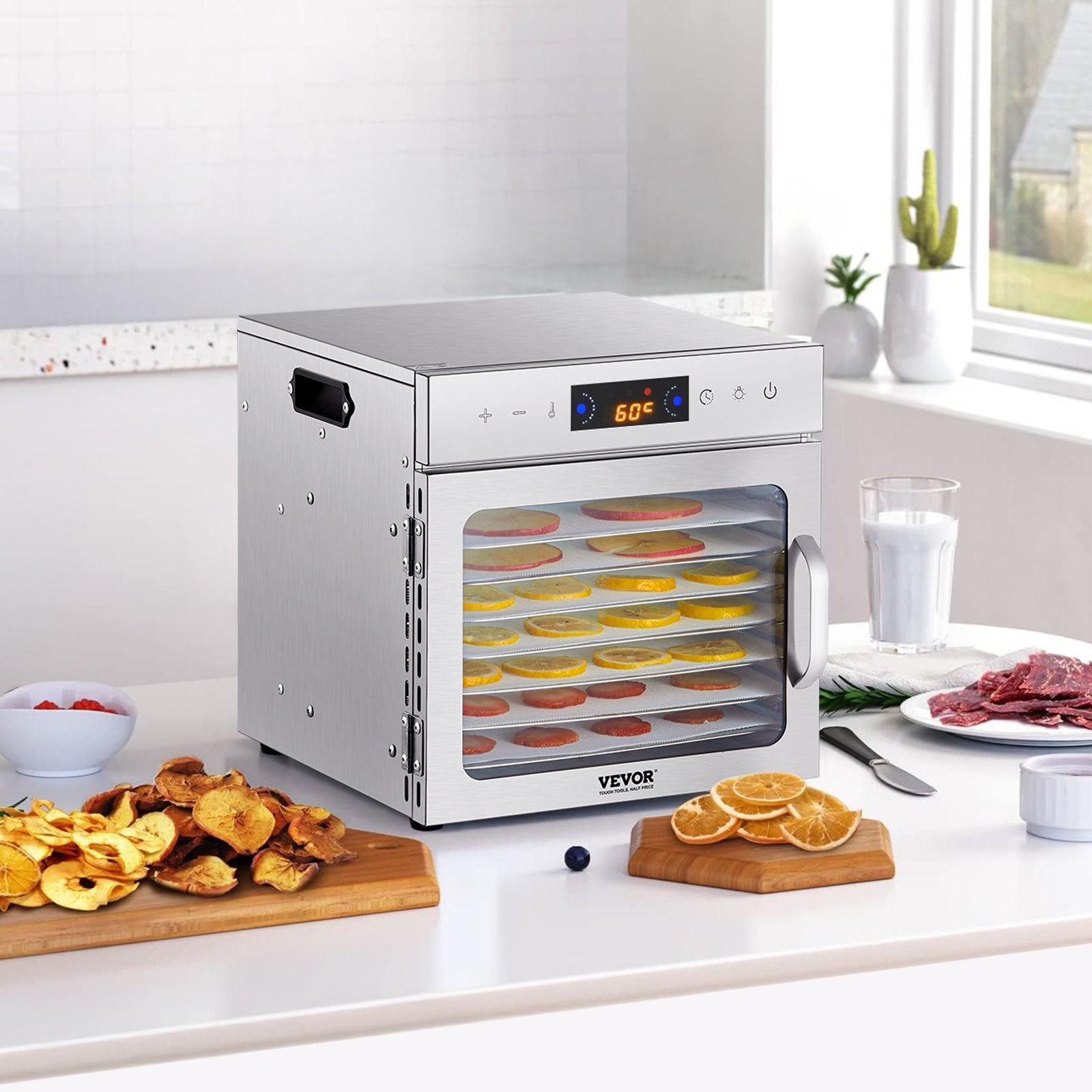 VEVOR Food Dehydrator Machine, 8 Stainless Steel Trays, 400W Electric Food Dryer with Adjustable Temperature & 24-Hour Timer, Freeze Dryer for Jerky, Meat, Fruit, Vegetables, Herbs, Dog Treats