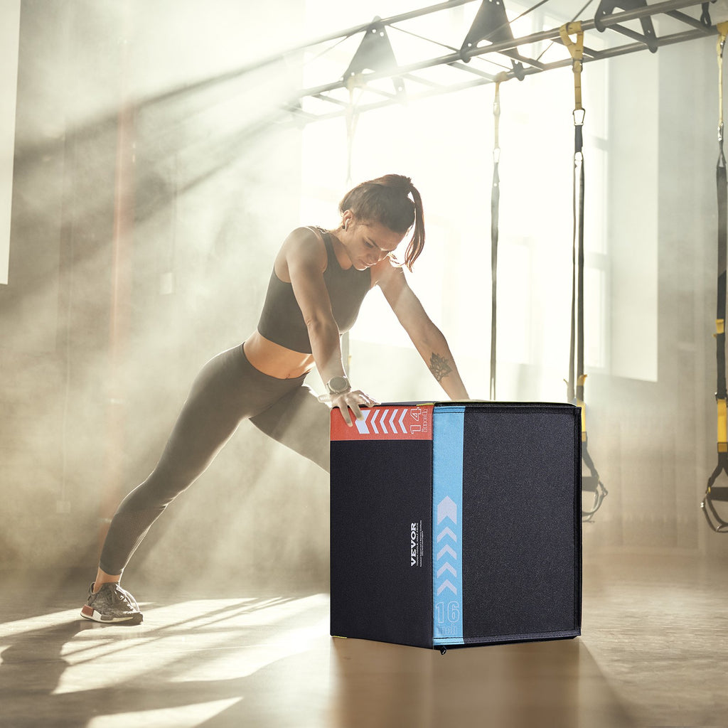 VEVOR 3 in 1 Plyometric Jump Box, 16/14/12 Inch Cotton Plyo Box, Platform & Jumping Agility Box, Anti-Slip Fitness Exercise Step Up Box for Home Gym Training, Conditioning Strength Training, Black