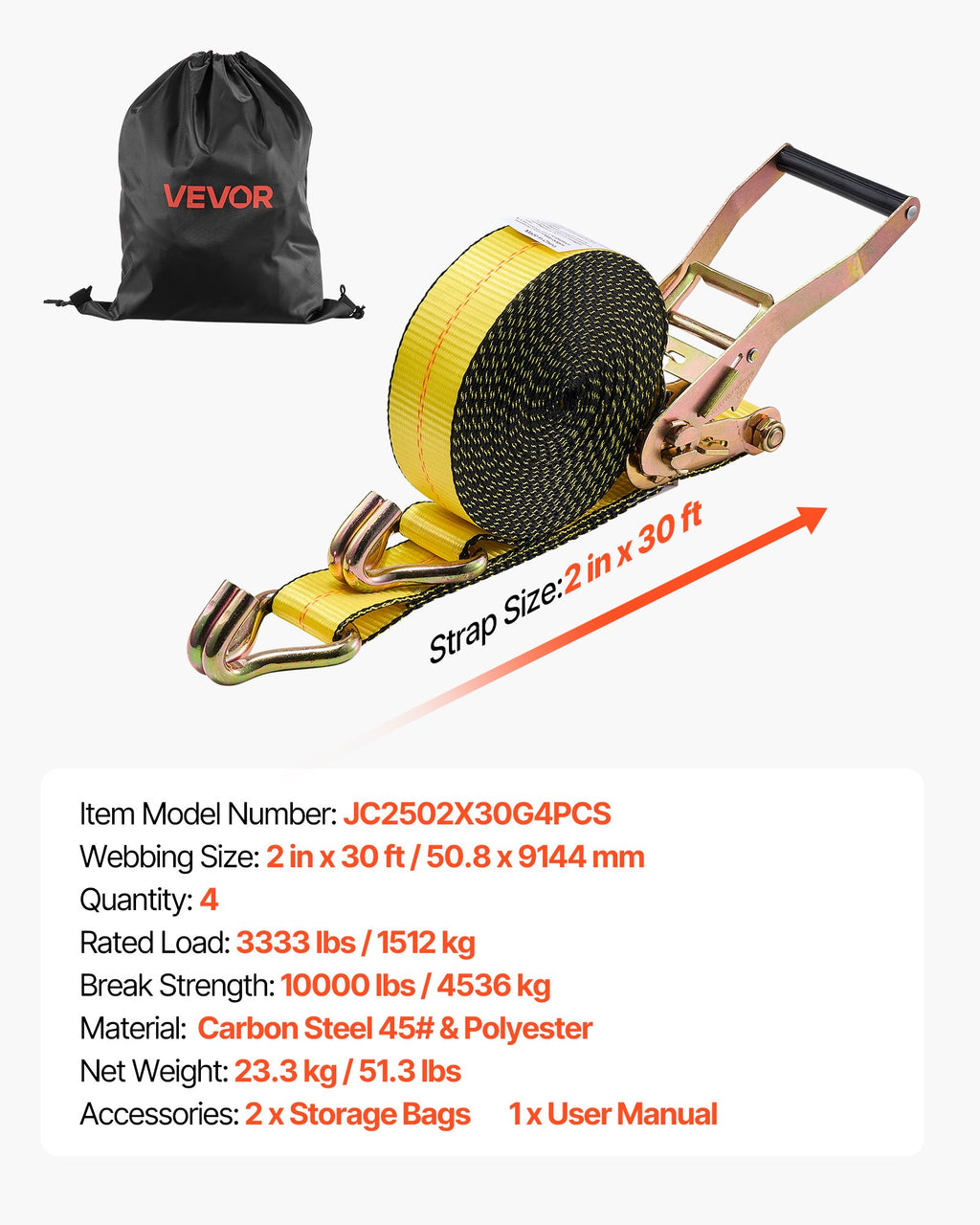 VEVOR Ratchet Straps, 50.8 mm x 9.1 m, Heavy Duty Tie Down Straps with Double J Hook, 4536 kg Break Strength, Carry Bag, Tie Down Ratcheting for Moving, Trailers, Motorcycles, Kayaks, Car Roof, 4 Pack