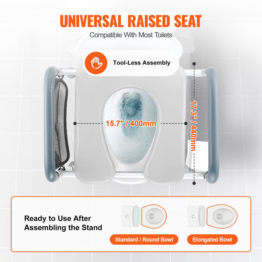 VEVOR Raised Toilet Seat, 7-Position Height Adjustment 655-805 Mm, 158.7 kg Weight Capacity, with Comfort Padded Aluminum Frame, Universal Toilet Seat Riser, for Elderly, Handicap, Pregnant, Medical