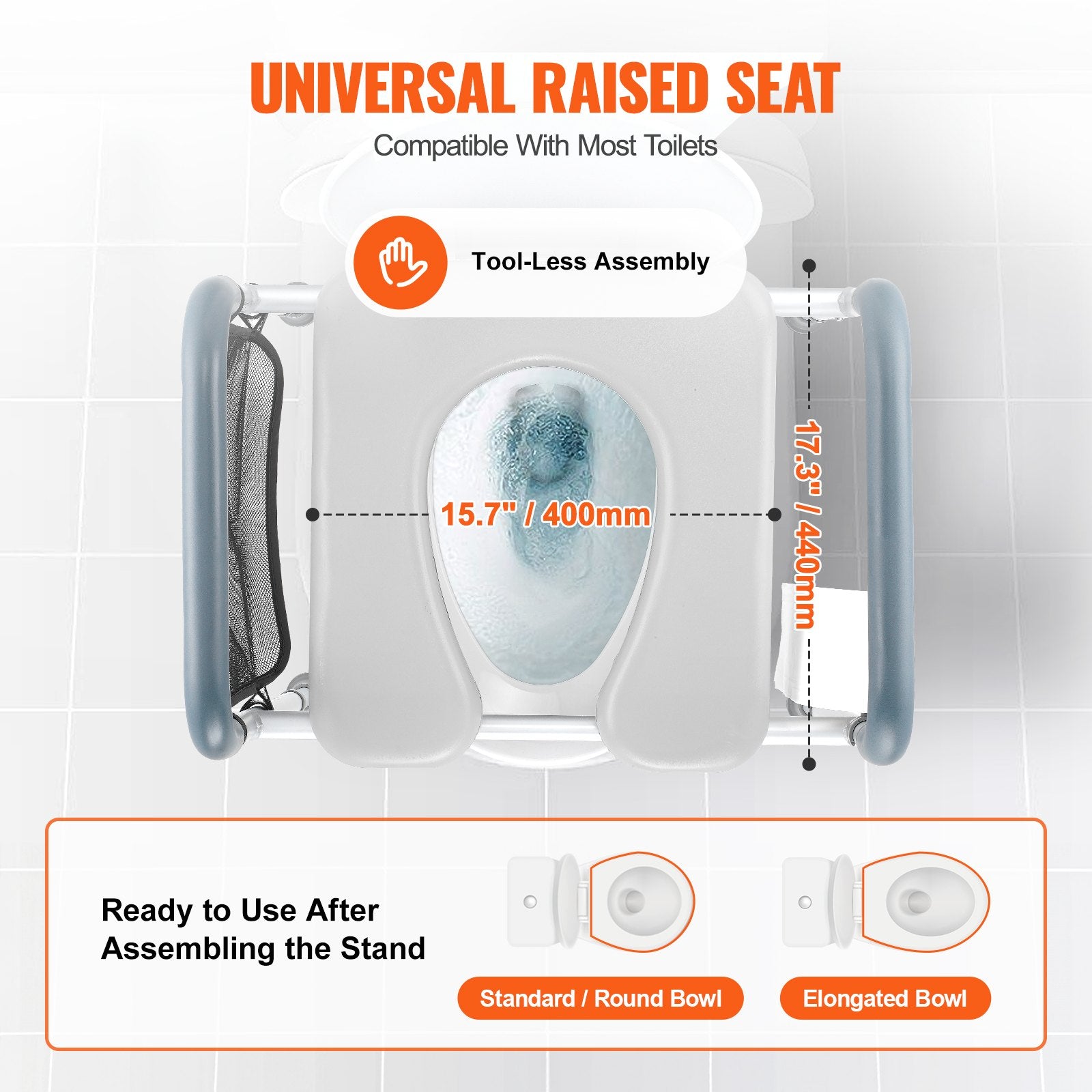 VEVOR Raised Toilet Seat, 7-Position Height Adjustment 655-805 Mm, 158.7 kg Weight Capacity, with Comfort Padded Aluminum Frame, Universal Toilet Seat Riser, for Elderly, Handicap, Pregnant, Medical