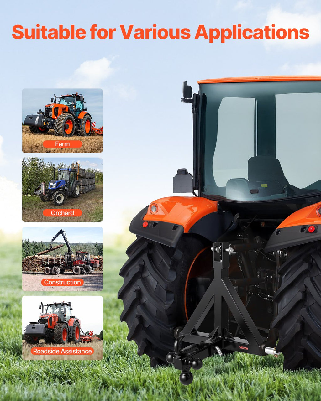 VEVOR 3 Point Trailer Hitch 2 in Receiver, 3pt Quick Hitch Attachment with 3 Trailer Balls, Tractor Tow Drawbar Adapter, Compatible with Kubota, Mahindra, Ford, Yanmar, John Deere, Massey Ferguson