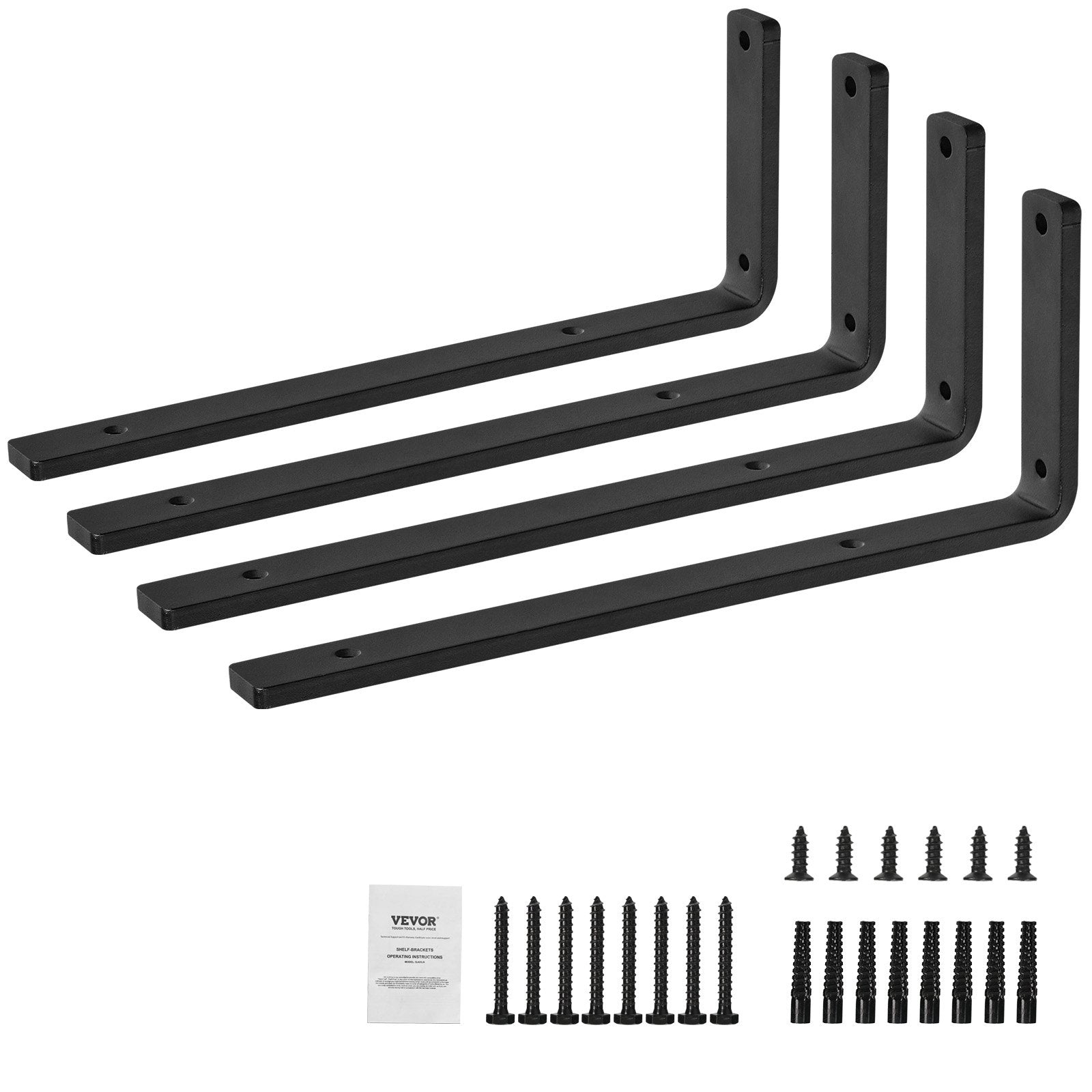 VEVOR Shelf Bracket, 41 x 15.5 cm 4 Pcs, Heavy Duty Floating Shelf Brackets, Brackets for Shelves, 10mm Thick Matte Black L Shelf Bracket,Steel Shelving Brackets with 72.6 kg Load Capacity