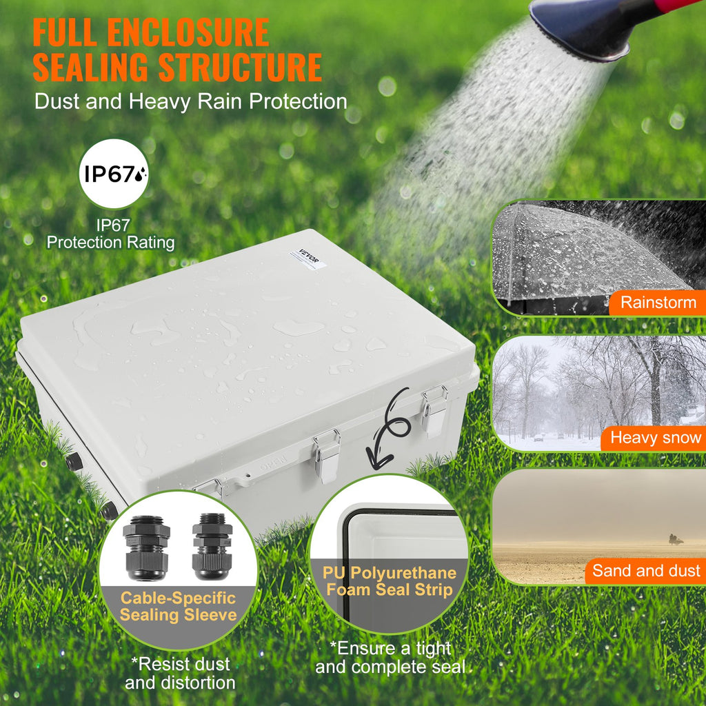 VEVOR Outdoor Electrical Junction Box, 350 x 250 x 150 mm, ABS Plastic Electrical Enclosure Box with Hinged Cover Stainless Steel Latch, IP67 Dustproof Waterproof for Outdoor Electrical Projects