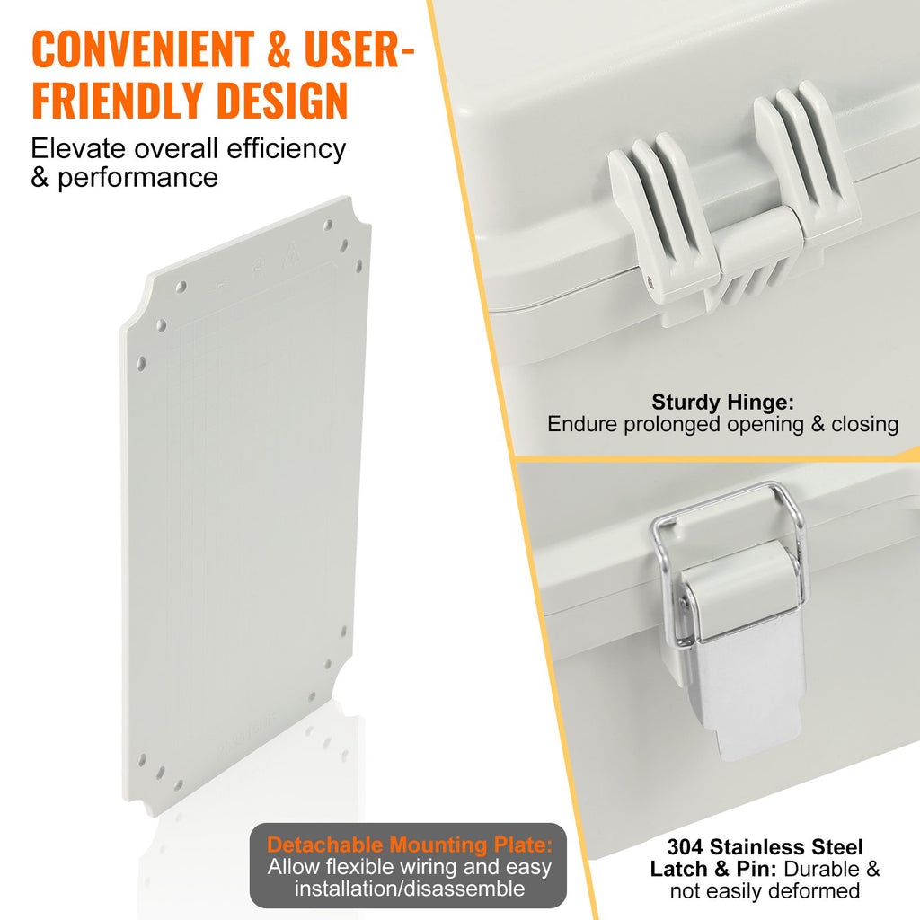 VEVOR Outdoor Electrical Junction Box, 430 x 330 x 180 mm, ABS Plastic Electrical Enclosure Box with Hinged Cover Stainless Steel Latch, IP67 Dustproof Waterproof for Outdoor Electrical Projects, 17 x 13 x 7 inch