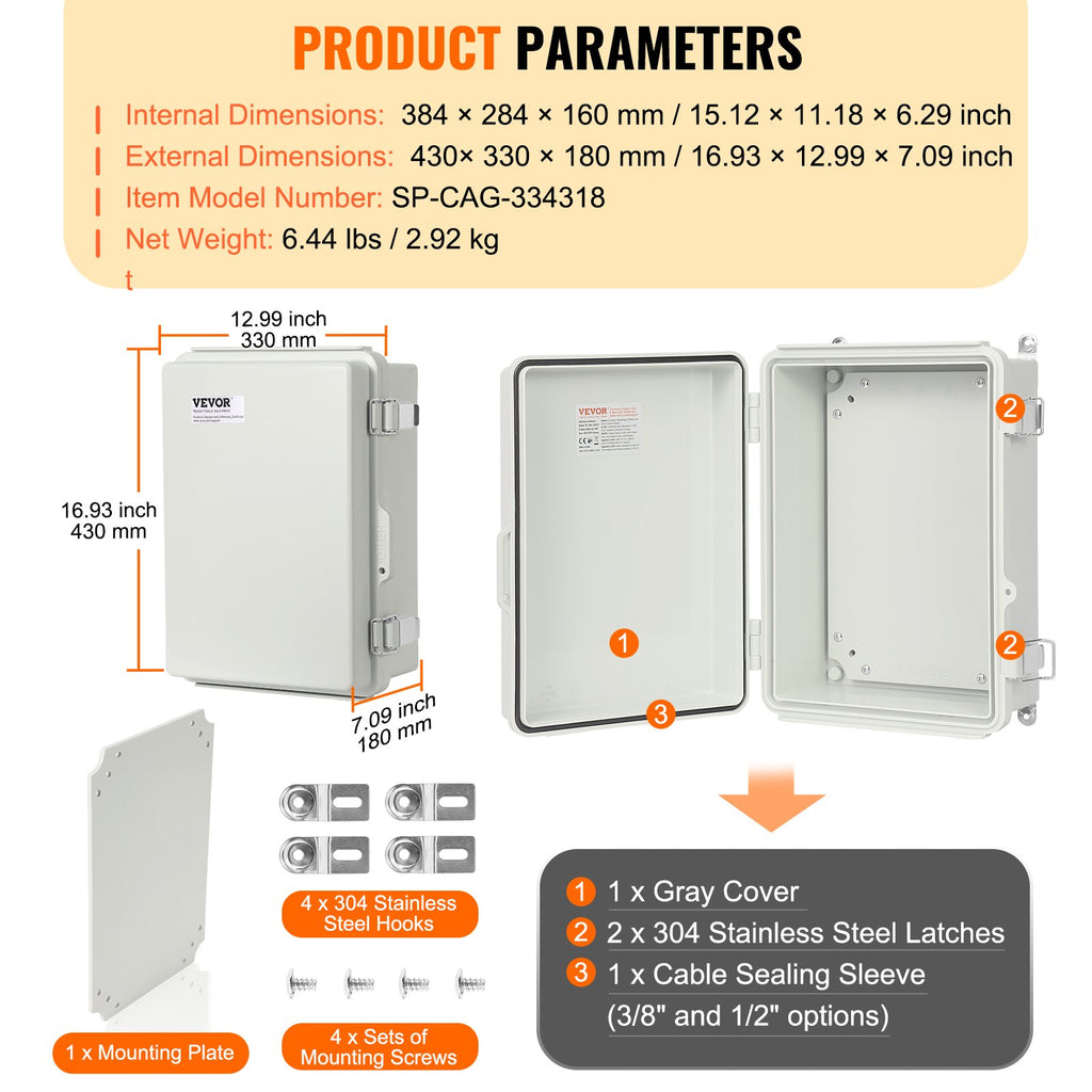 VEVOR Outdoor Electrical Junction Box, 430 x 330 x 180 mm, ABS Plastic Electrical Enclosure Box with Hinged Cover Stainless Steel Latch, IP67 Dustproof Waterproof for Outdoor Electrical Projects, 17 x 13 x 7 inch